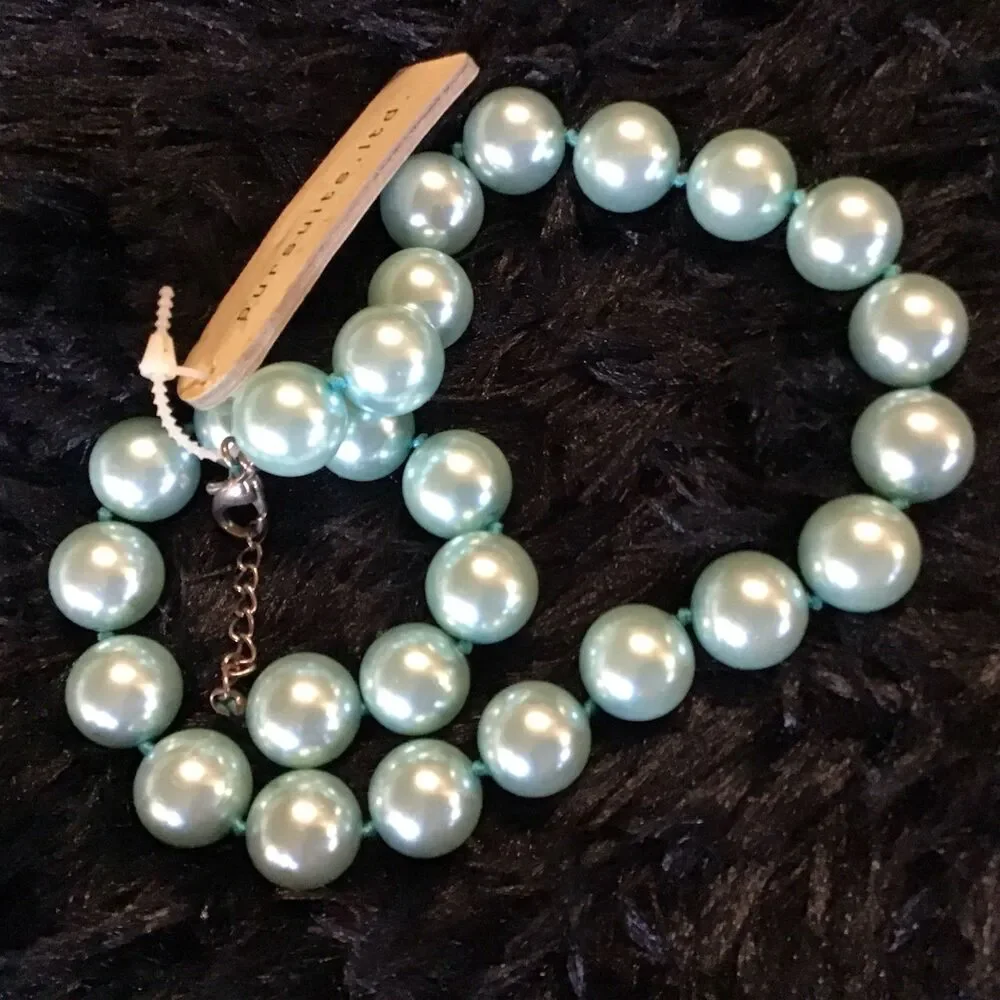 Pursuits Faux Large Teal Blue Green Pearl Necklace Lobster Hand Knot 18” NWT
